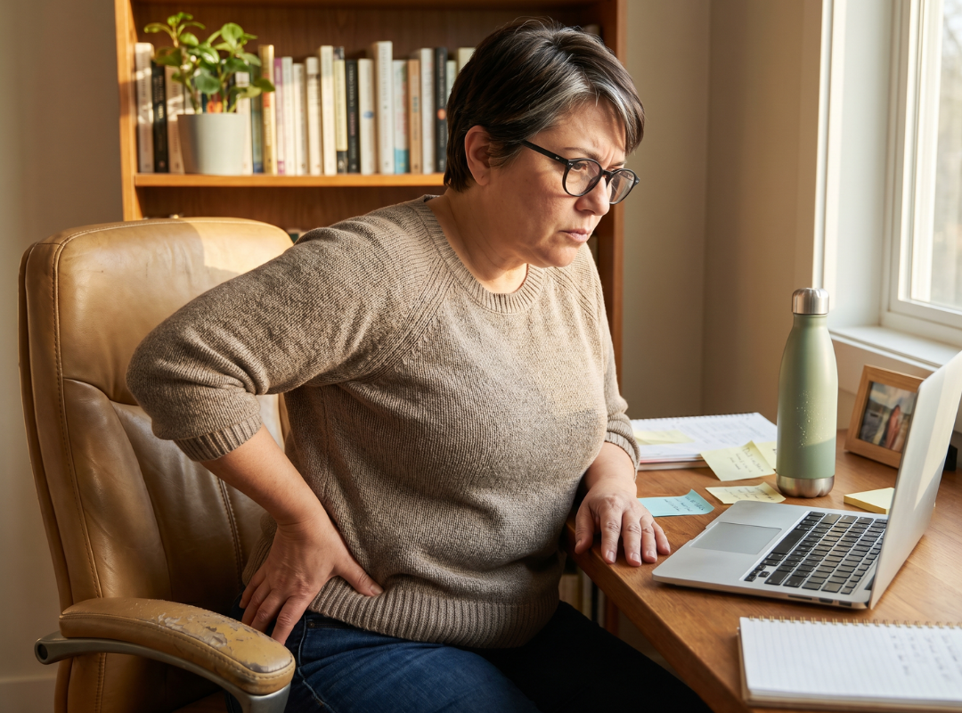 Woman 50+ shifting in chair holding her right leg from sciatic nerve burn